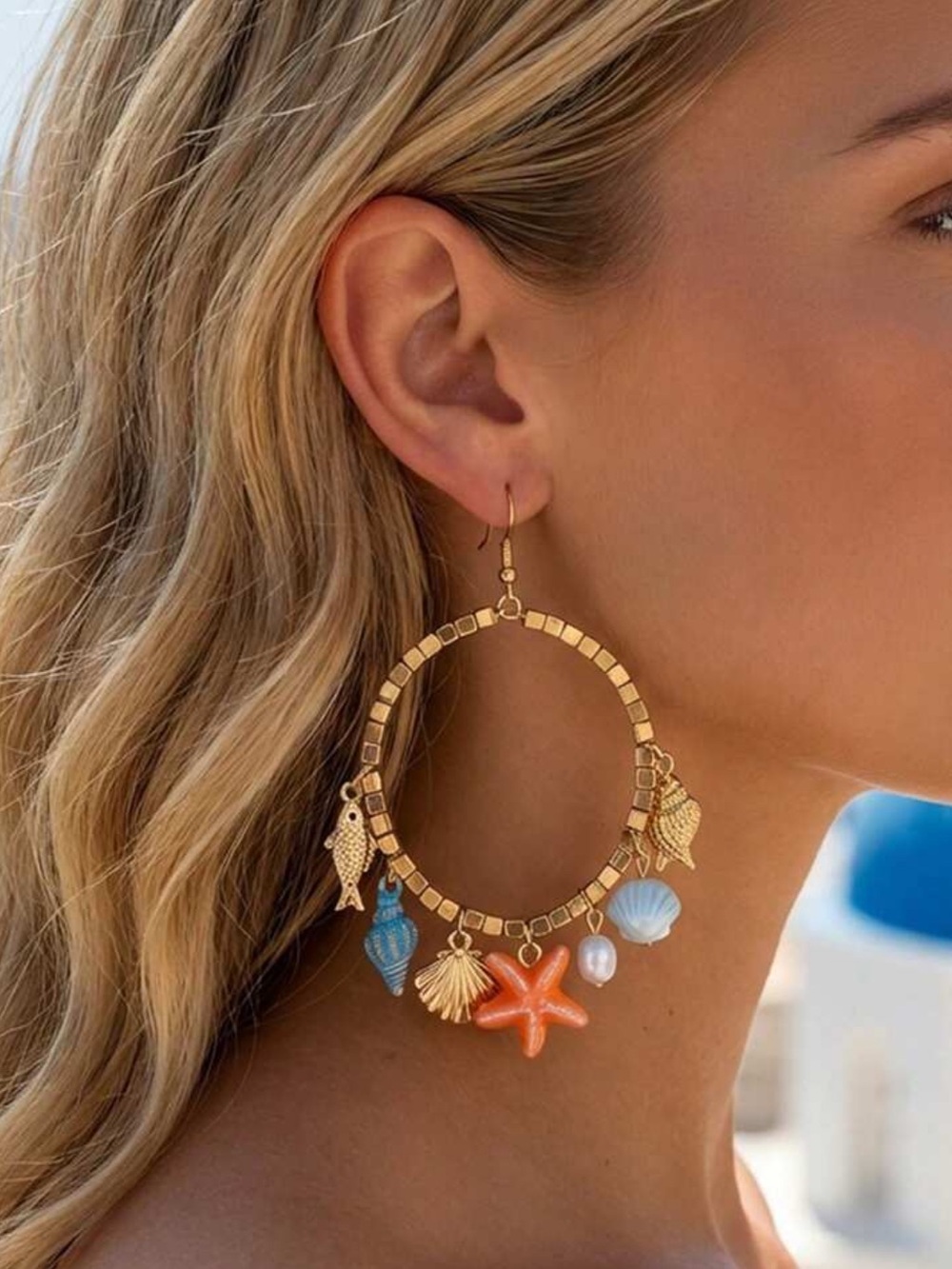 Anthropologie Gold Hoop Earrings with Orange Starfish and Blue Shell Charms
